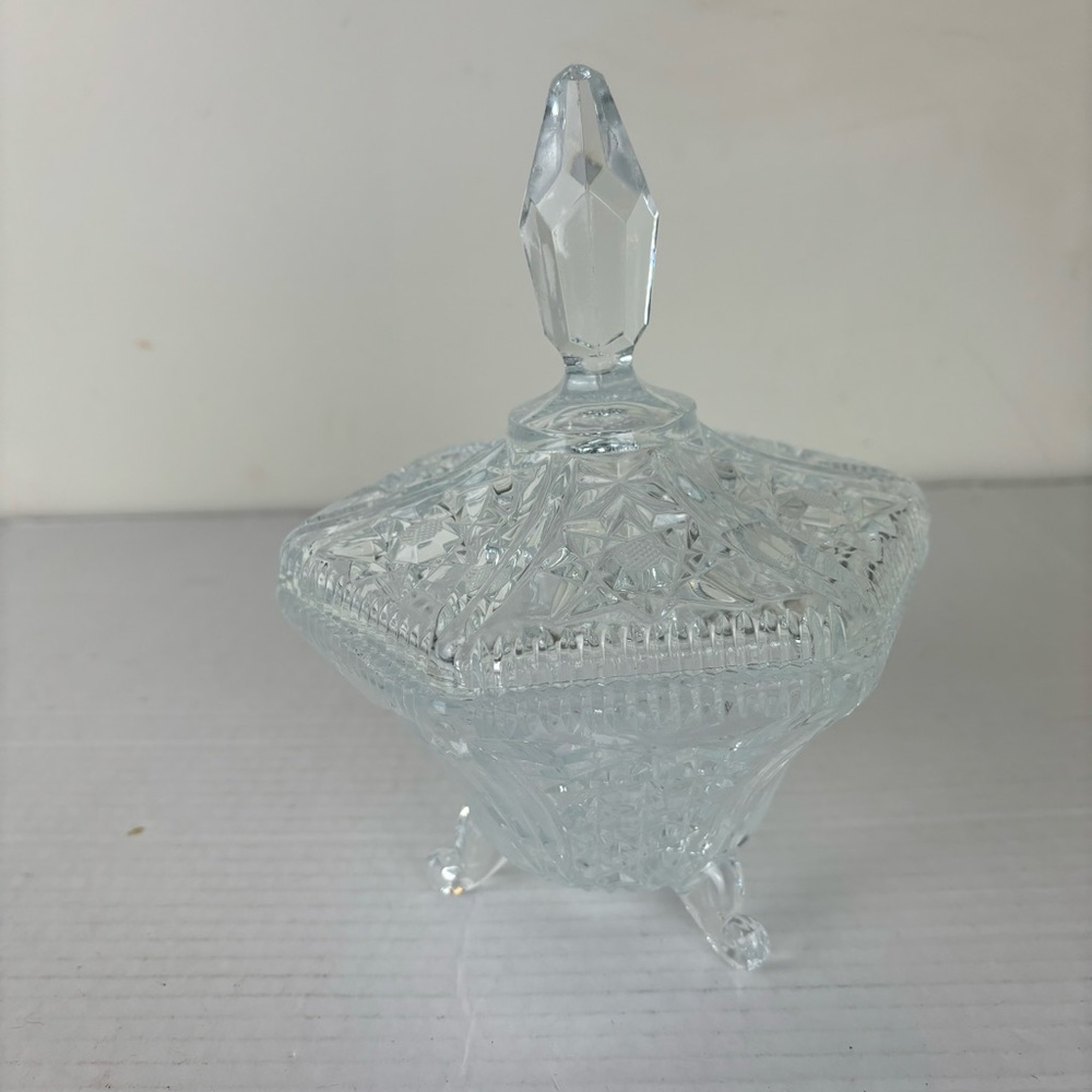 Vintage tripod Lead Cut Crystal Polonia Candy/Nut Dish-8”